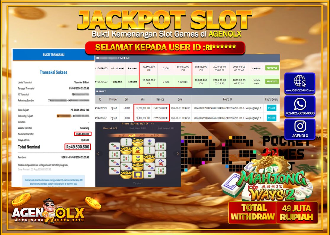 AGENOLX JACKPOT SLOT  MAHJONG WAYS 2  Rp 49.500.600 -LUNAS