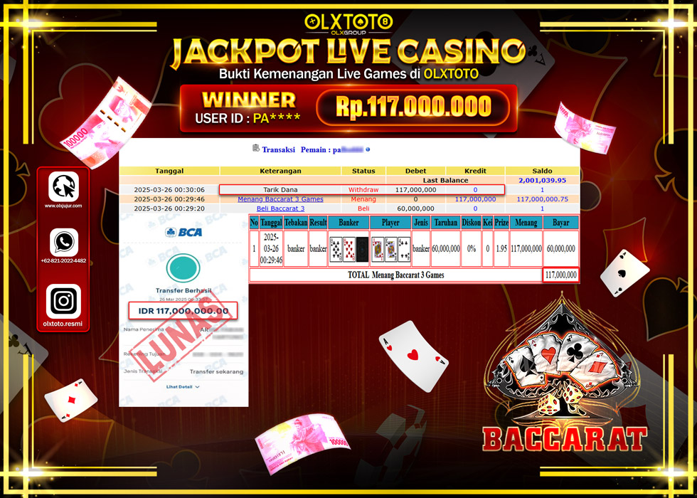 OLXTOTO JACKPOT  LIVE GAMES BACCARAT 3 Rp.117.000.000.,- LUNAS