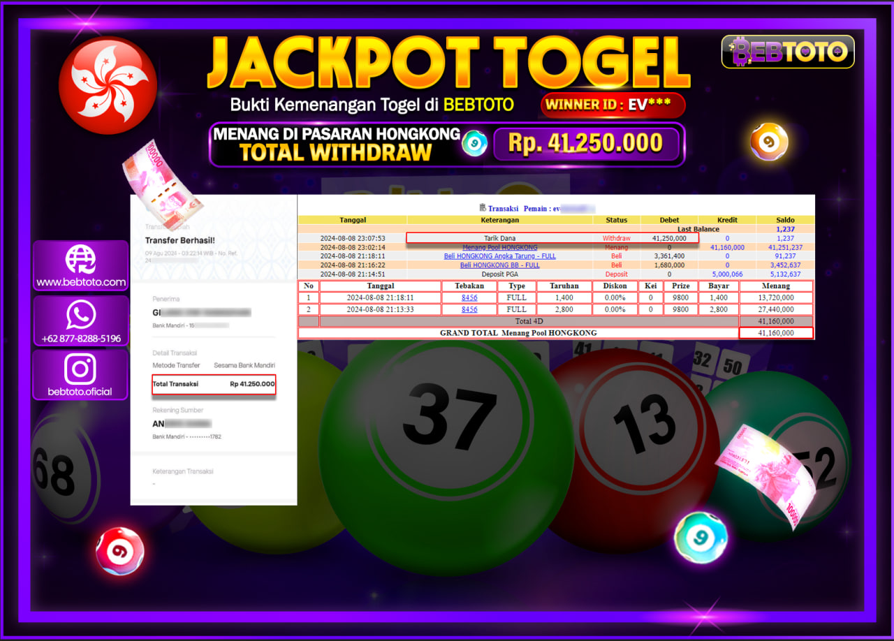JACKPOT TOGEL BEBTOTO HONGKONG Rp.41.250.000.,- LUNAS