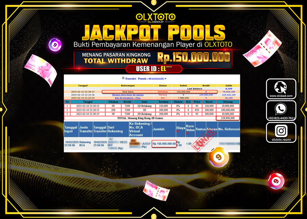 OLXTOTO JACKPOT  TOGEL POOL KINGKONG Rp.150.000.000.,- LUNAS