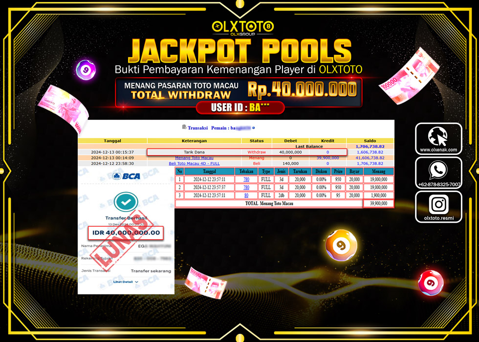 OLXTOTO JACKPOT  TOGEL POOL TOTO MACAU Rp.40.000.000.,- LUNAS