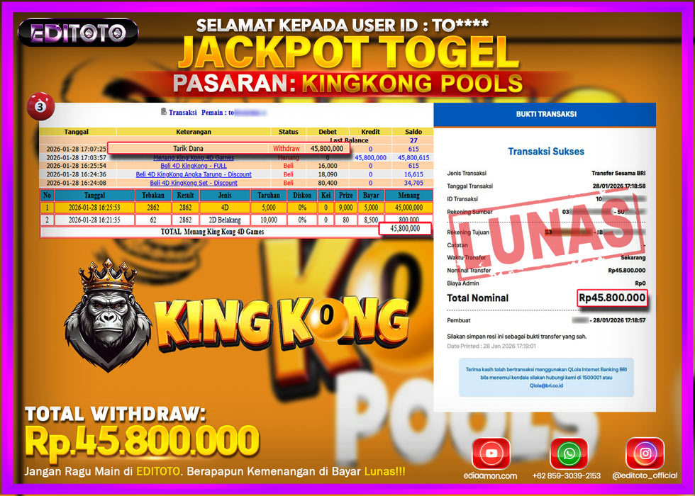 JACKPOT EDITOTO TOGEL PASARAN KINGKONG POOLS Rp.45.800.000.,- LUNAS 
