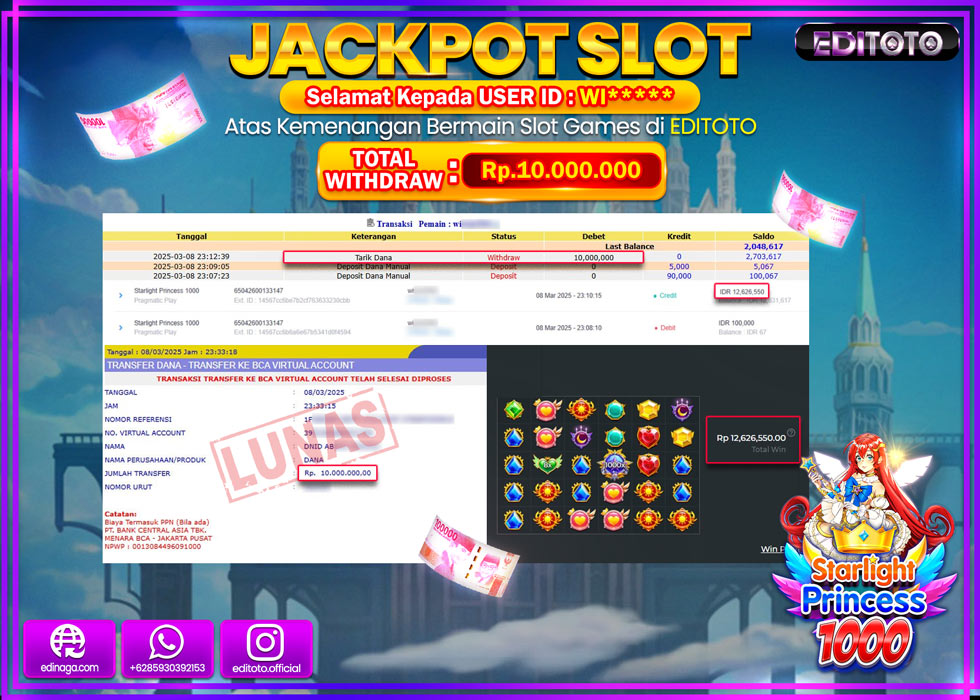 JACKPOT SLOT STARLIGHT PRINCESS 1000  Rp.10.000.000.,- LUNAS