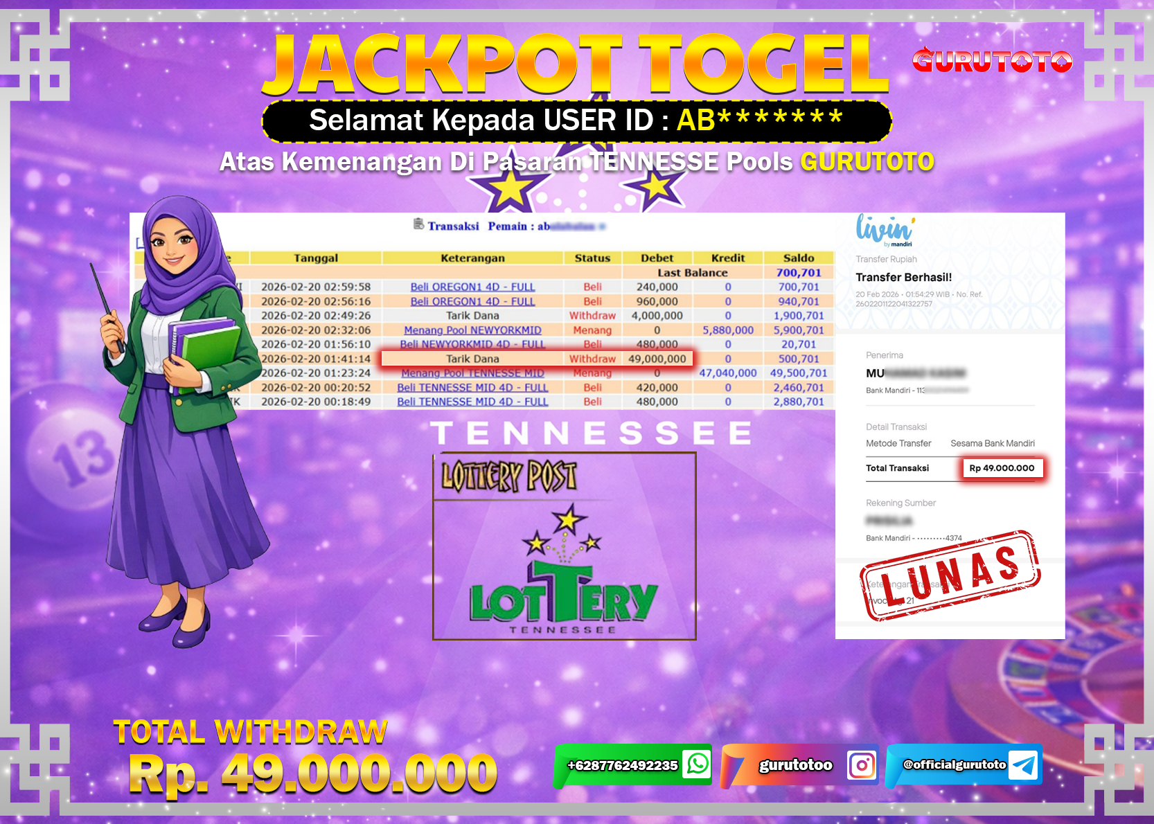 Bukti Kemenangan Rp 49.000.000 TENNESSEE MID di GURUTOTO !
