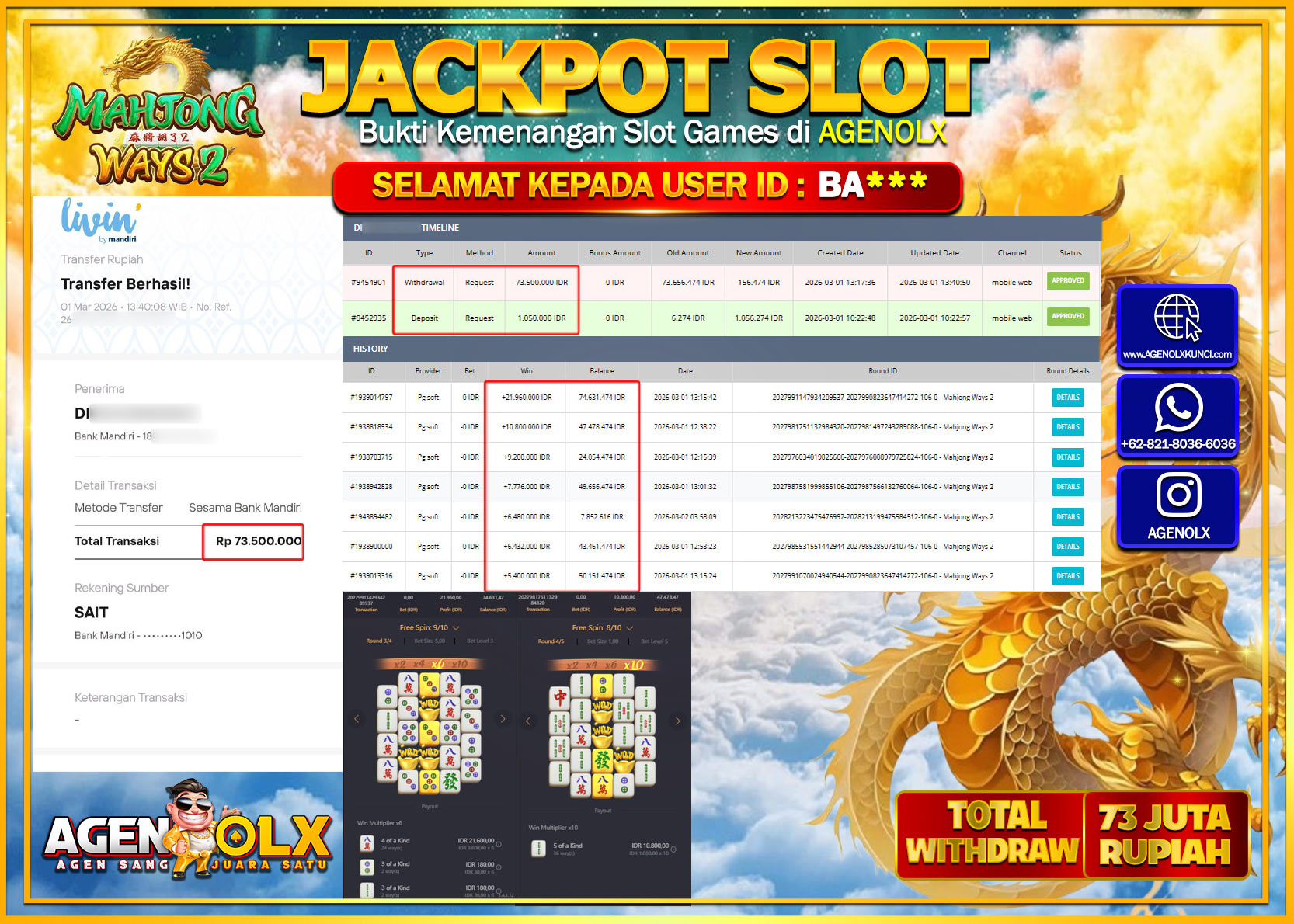 AGENOLX JACKPOT SLOT MAHJONG WAYS 2  Rp 73.500.000 - LUNAS