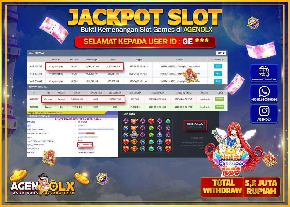 AGENOLX JACKPOT SLOT STARLIGHT PRINCESS 1000 Rp 5.500.000,- LUNAS