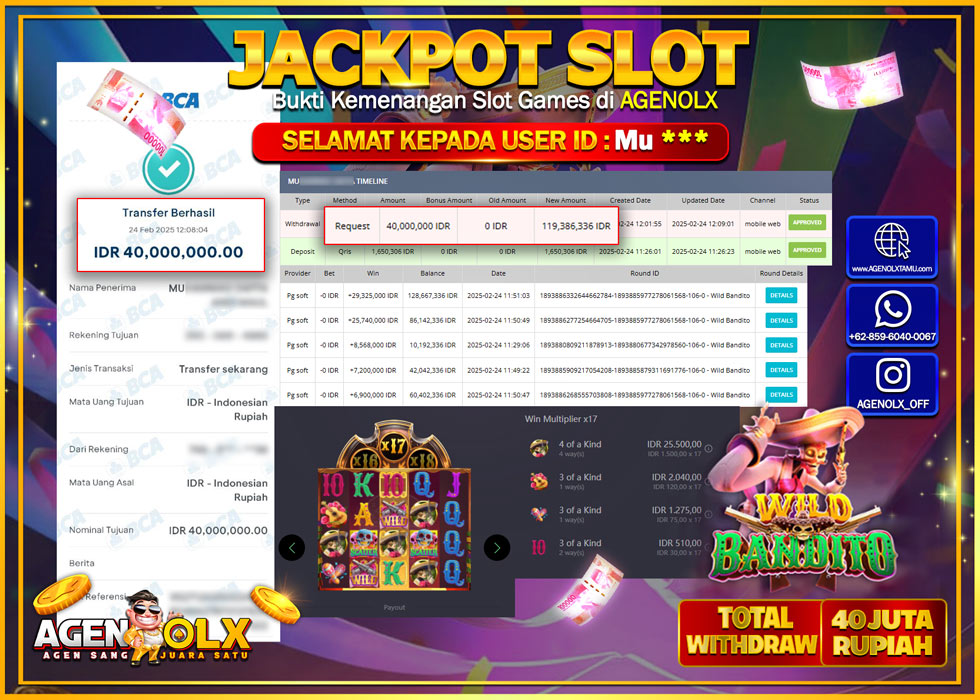 AGENOLX JACKPOT SLOT PG SOFT WILD BANDITO Rp 40.000.000,- LUNAS