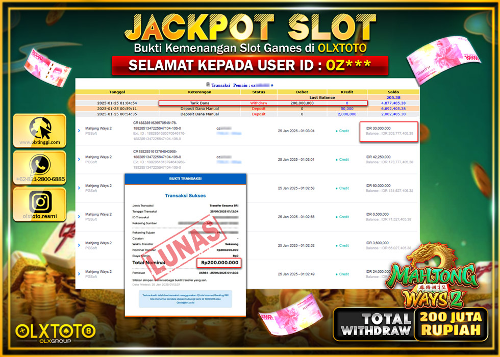 OLXTOTO JACKPOT  SLOT MAHJONG WAYS 2 Rp.200.000.000.,- LUNAS