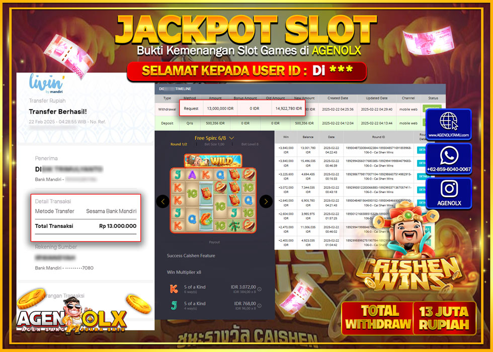 AGENOLX JACKPOT SLOT CAI SHEN WINS Rp 13.000.000,- LUNAS