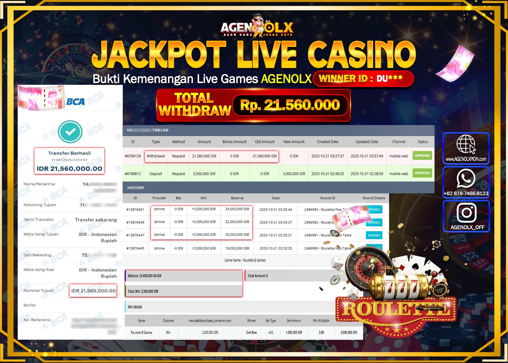 AGENOLX JACKPOT LIVE CASINO ROULETTE FAST TABLE   Rp 21,560,000,- LUNAS