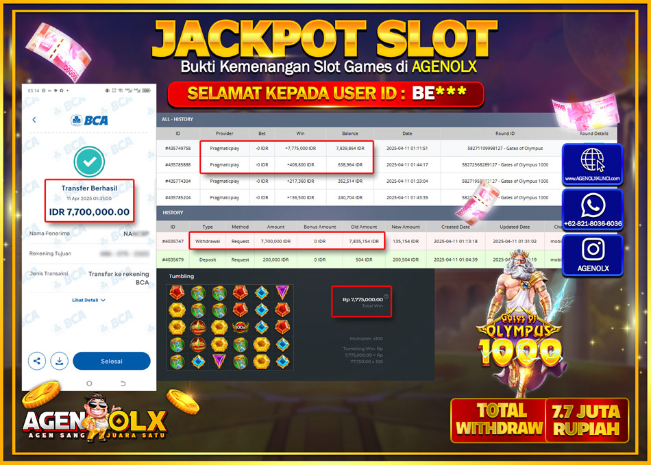 AGENOLX JACKPOT SLOT GATE OFF OLYMPUS 1000 Rp 7.700.000,- LUNAS