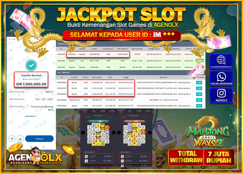 AGENOLX JACKPOT SLOT MAHJONG WAYS 2  Rp 7.000.000,- LUNAS