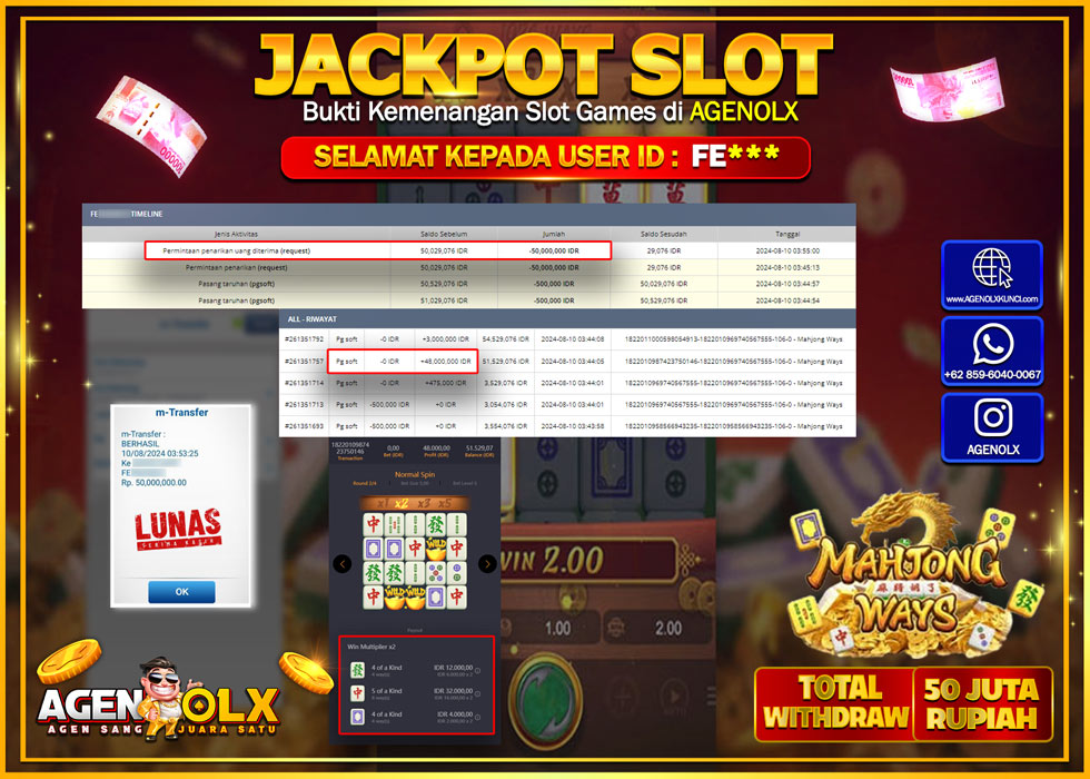 AGENOLX JACKPOT SLOT MAHJONG WAYS Rp.50.000.000,- LUNAS