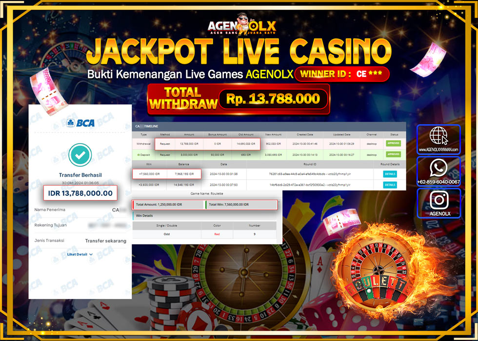 AGENOLX JACKPOT  LIVE CASINO ROULETTE   Rp 13.788.000,- LUNAS