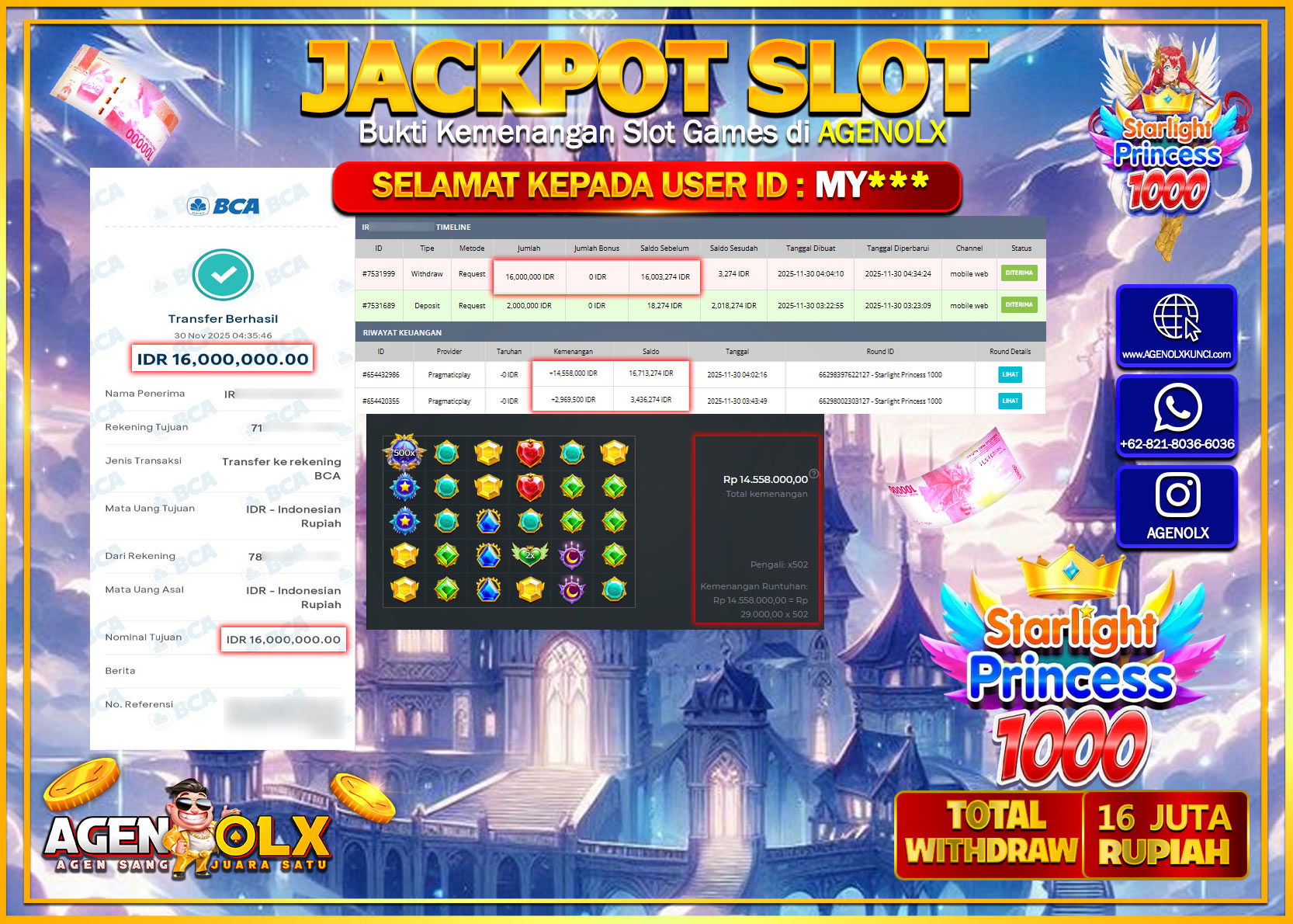 AGENOLX JACKPOT SLOT STARLIGHT PRINCESS 1000 Rp 16,000,000,- LUNAS