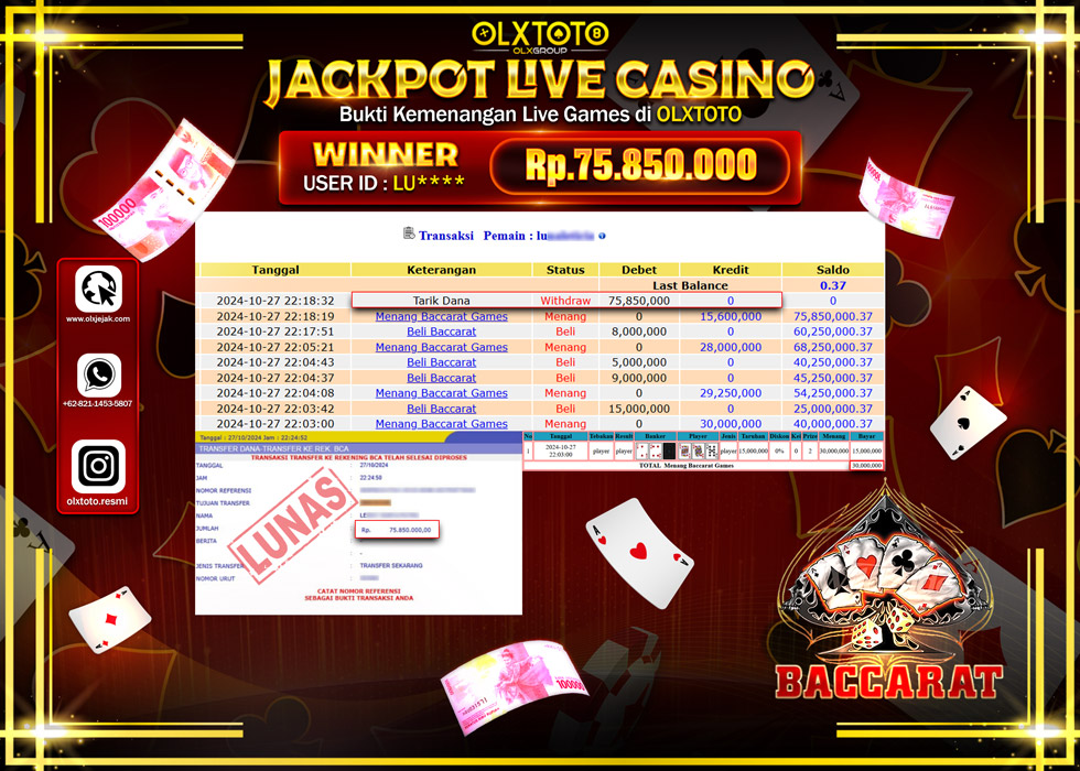OLXTOTO JACKPOT  LIVE GAMES BACCARAT    Rp.75.850.000.,- LUNAS