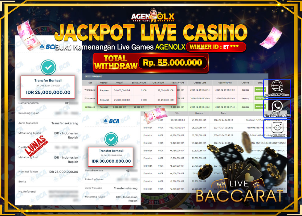 AGENOLX JACKPOT LIVEGAMES BACCARAT Rp 55.000.000,- LUNAS