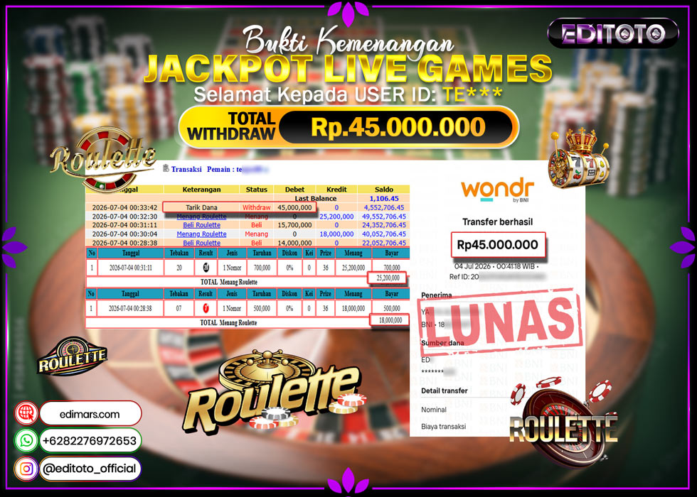 JACKPOT EDITOTO LIVE GAMES ROULLETE GAMES   Rp.45.000.000.,- LUNAS