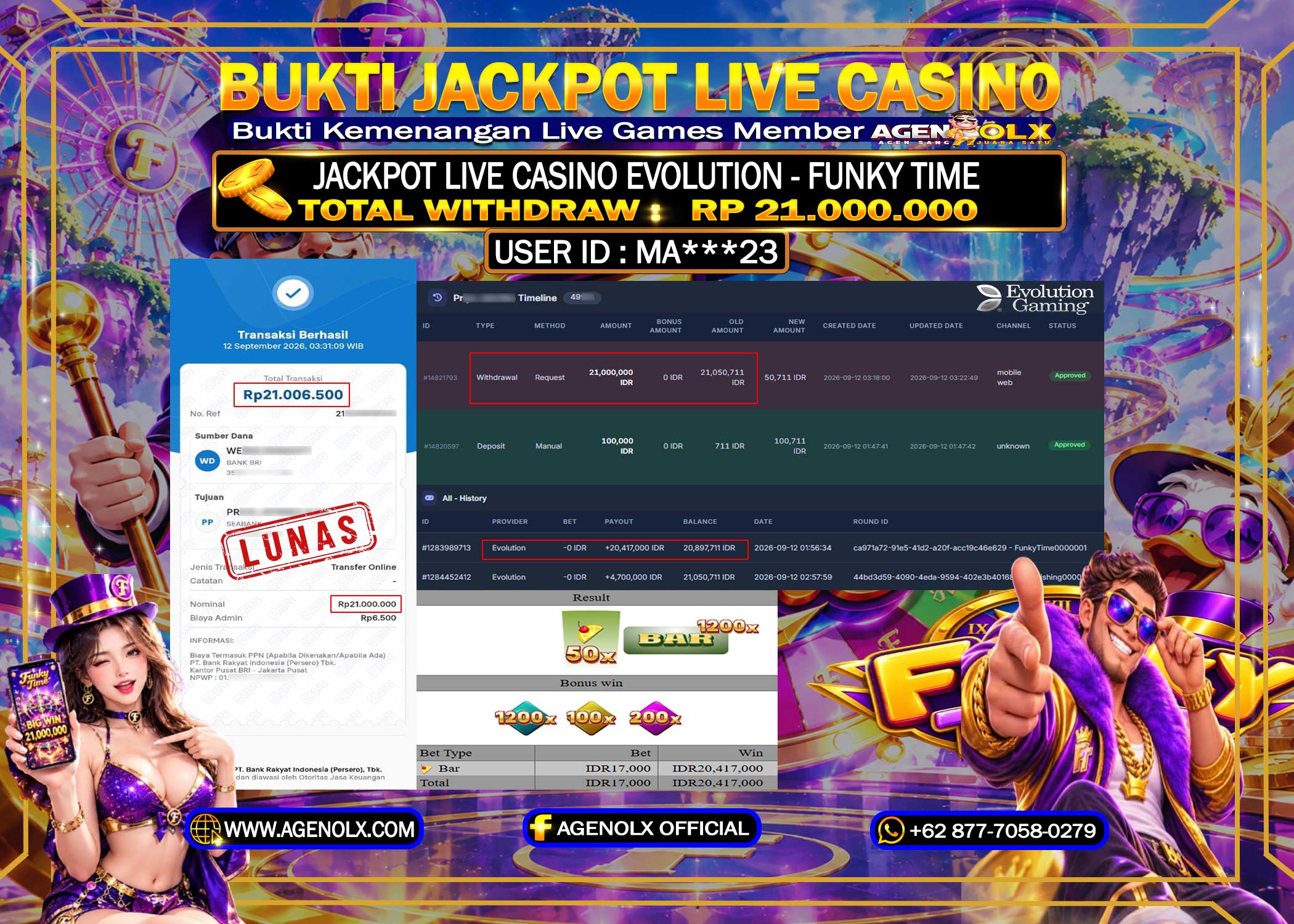 AGENOLX JACKPOT LIVE CASINO EVOLUTION  -FUNKY TIME  RP 21.000.000 - LUNAS