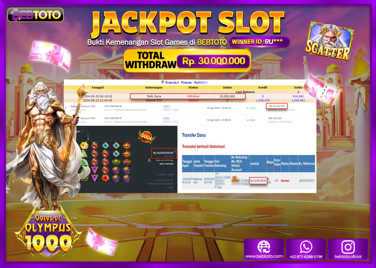 JACKPOT SLOT BEBTOTO GATES OF OLYMPUS 1000 Rp.30.000.000.,- LUNAS