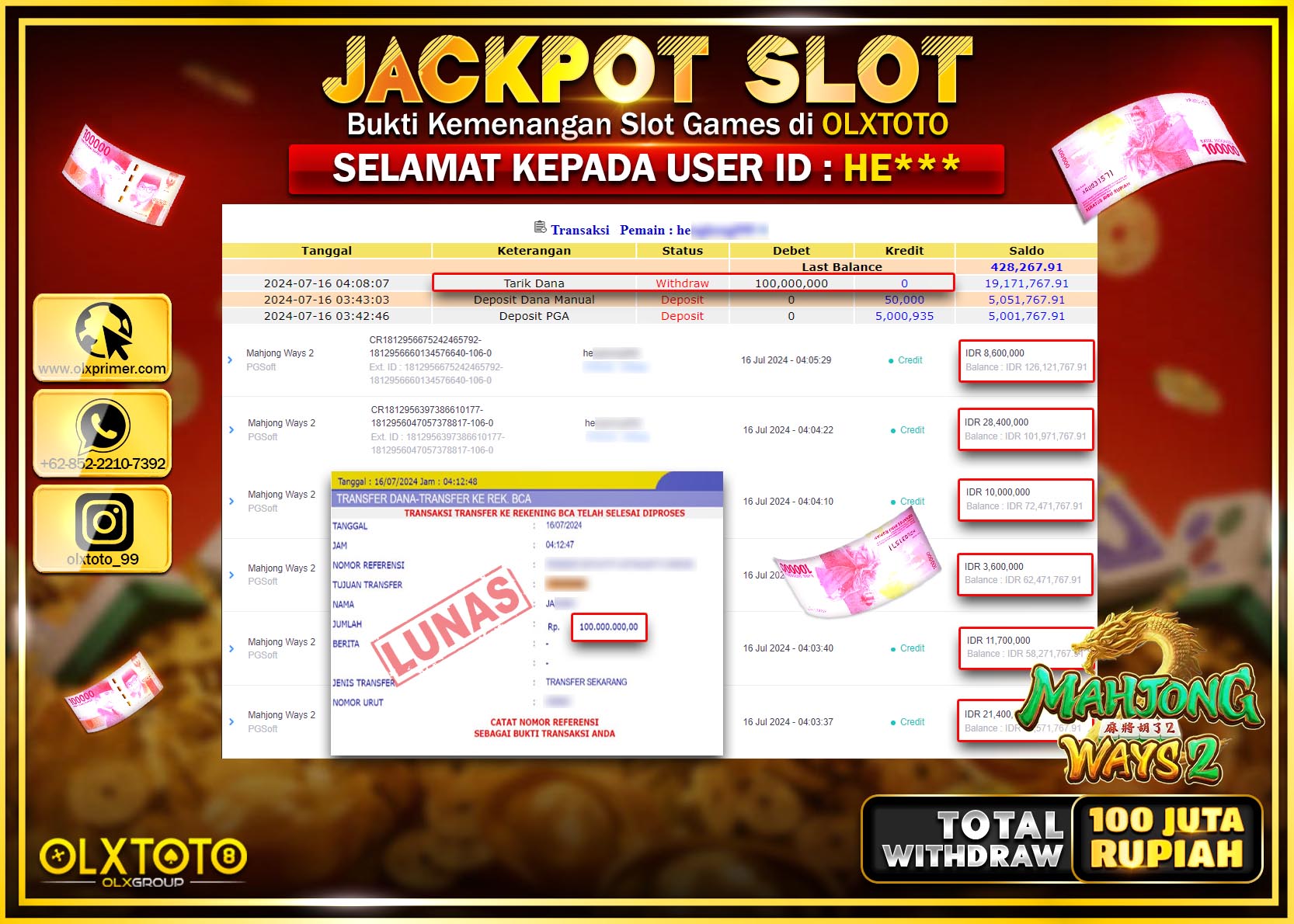 OLXTOTO JACKPOT  SLOT MAHJONG WAYS 2 Rp.100.000.000.,- LUNAS