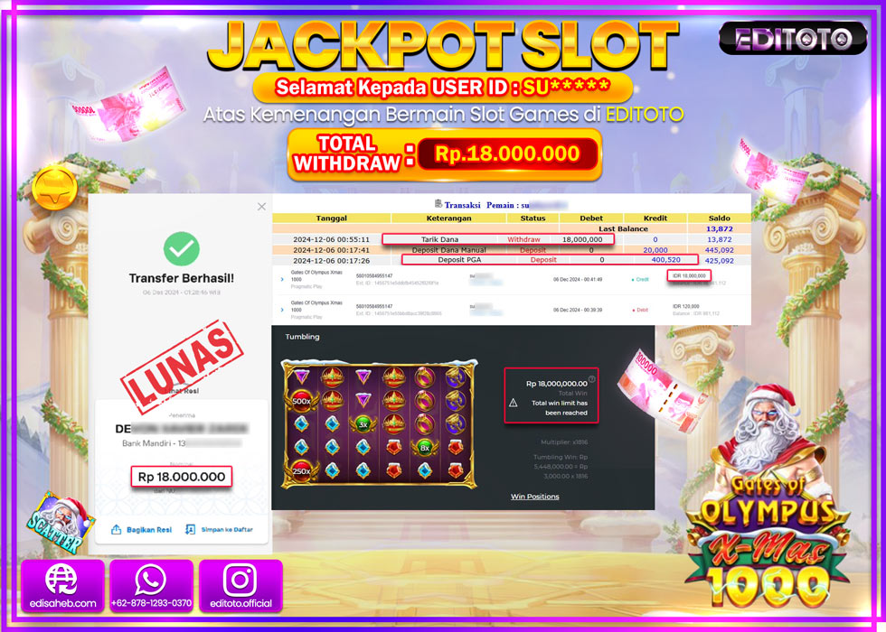 JACKPOT SLOT GATES OF OLYMPUS  XMAS 1000 Rp.18.000.000.,- LUNAS