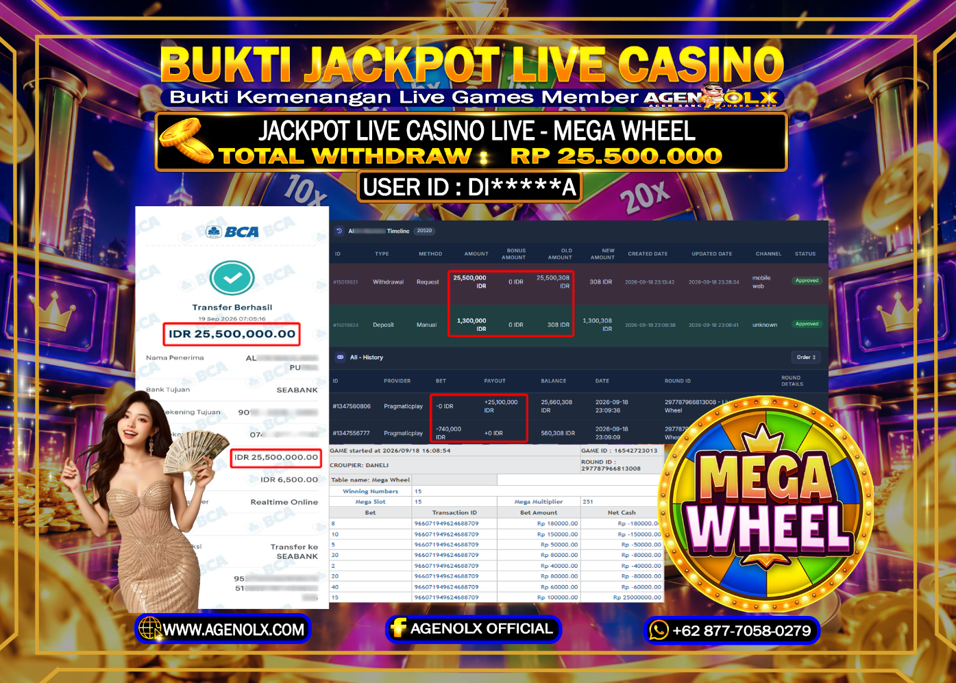 AGENOLX JACKPOT LIVE CASINO - MEGA WHEEL  -  RP 25,500,000 - LUNAS