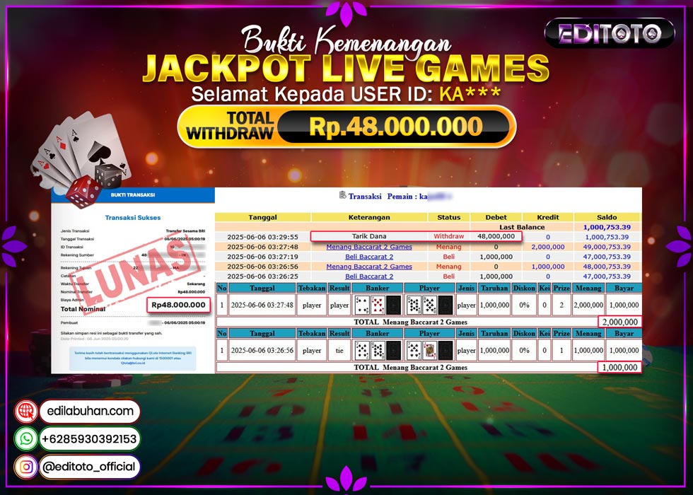 JACKPOT EDITOTO LIVE GAMES BACARRAT II 4D Rp. 48.000.000.,- LUNAS