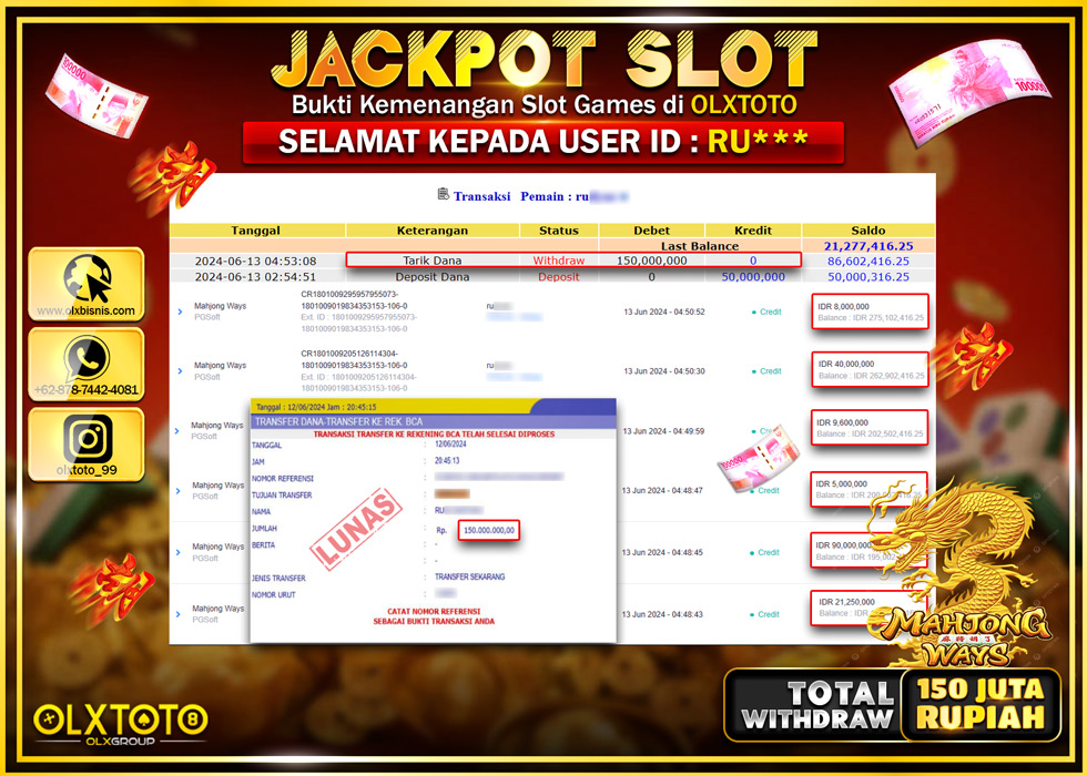 OLXTOTO JACKPOT SLOT MAHJONG WAYS   Rp.150.000.000.,- LUNAS