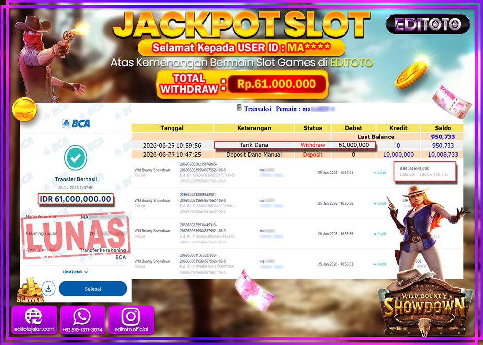 JACKPOT EDITOTO SLOT WILD BOUNTY SHOWDOWN Rp.61.000.000,- LUNAS