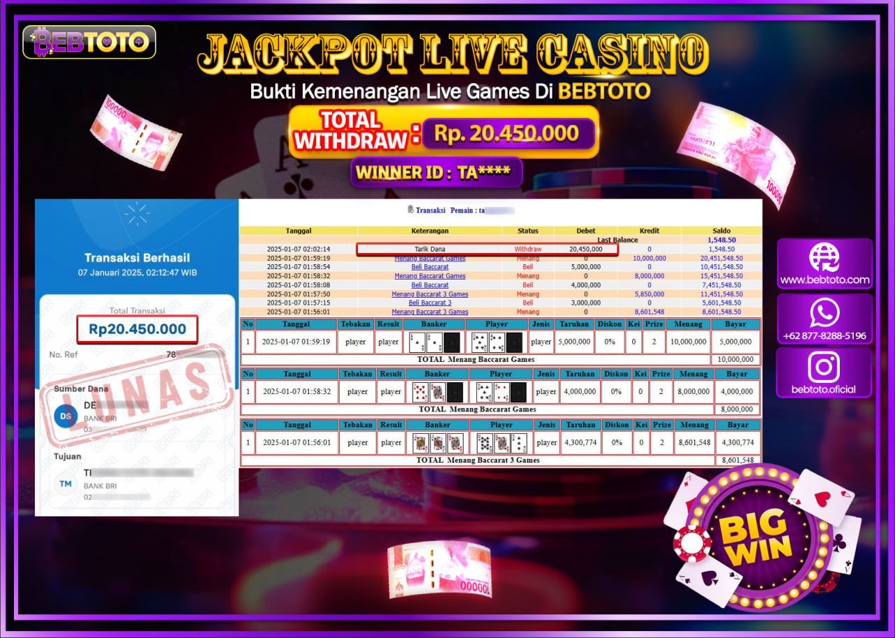 JACKPOT LIVE CASINO BEBTOTO BACCARAT Rp.20.450.000.,- LUNAS