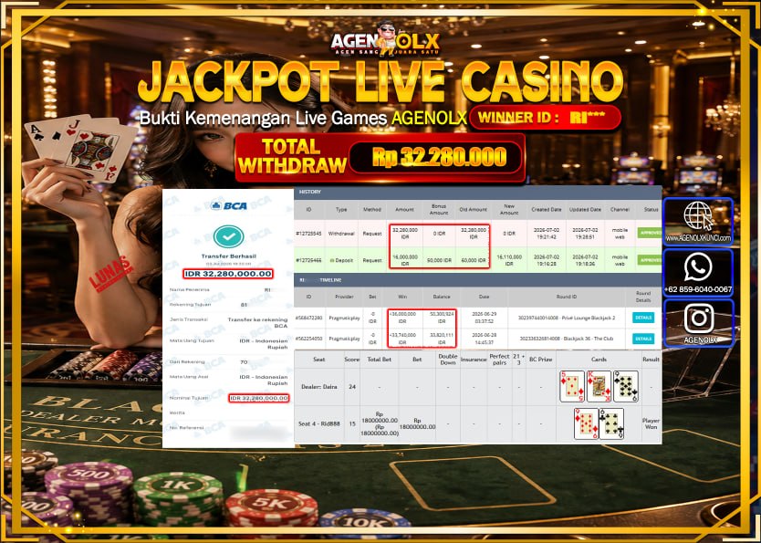 AGENOLX JACKPOT LIVE CASINO PRIVE LOUNGE BLACKJACK 1  Rp 32.280.000  - LUNAS