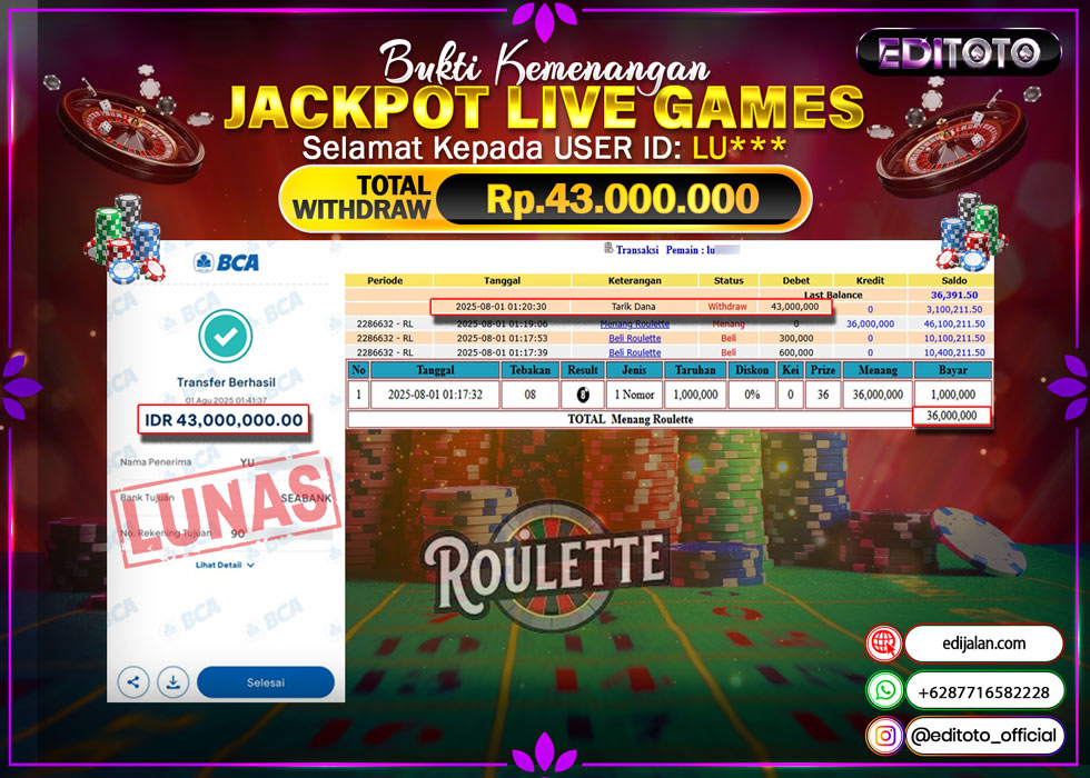JACKPOT EDITOTO LIVE GAMES ROULETTE 2 Rp. 43.000.000.,- LUNAS