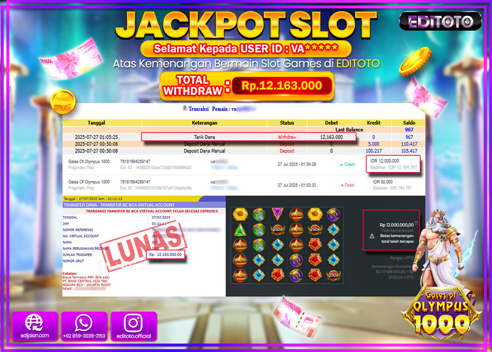 JACKPOT EDITOTO SLOT GATES OF OLYMPUS 1000 Rp.12.163.000,- LUNAS 