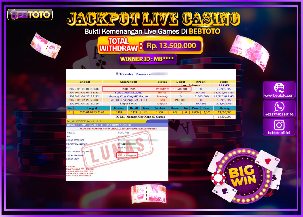 JACKPOT LIVE CASINO BEBTOTO KINGKONG 4D Rp.13.500.000.,- LUNAS