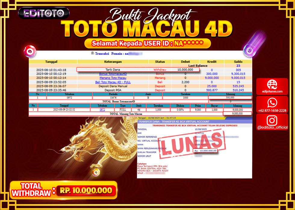 JACKPOT EDITOTO TOGEL PASARAN TOTO MACAU 4D Rp.10.000.000.,- LUNAS