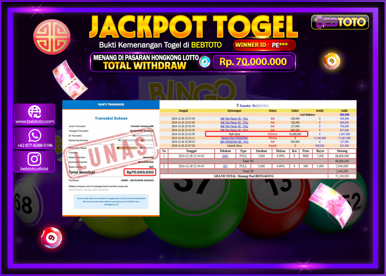 JACKPOT TOGEL BEBTOTO HONGKONG LOTTO Rp.70.000.000.,- LUNAS