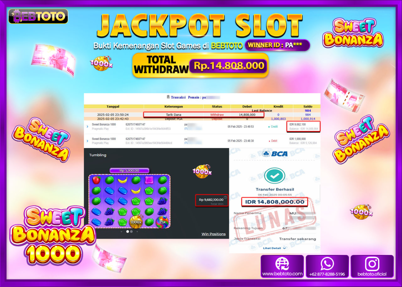 JACKPOT SLOT BEBTOTO SWEET BONANZA 1000 Rp.14.808.000.,- LUNAS