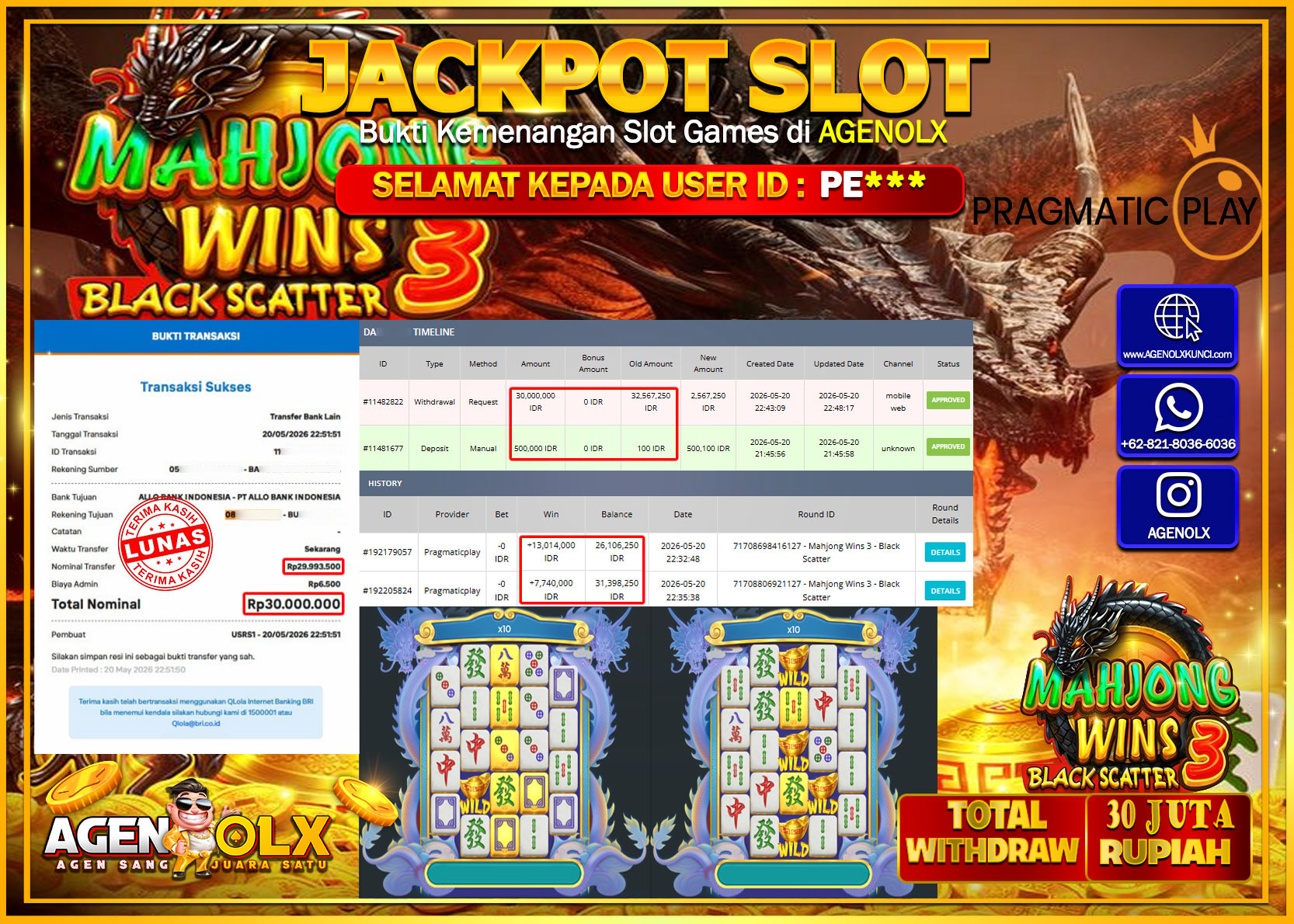 AGENOLX JACKPOT SLOT MAHJONG WINS 3 BLACK SCATTER Rp 30.000.000 - LUNAS