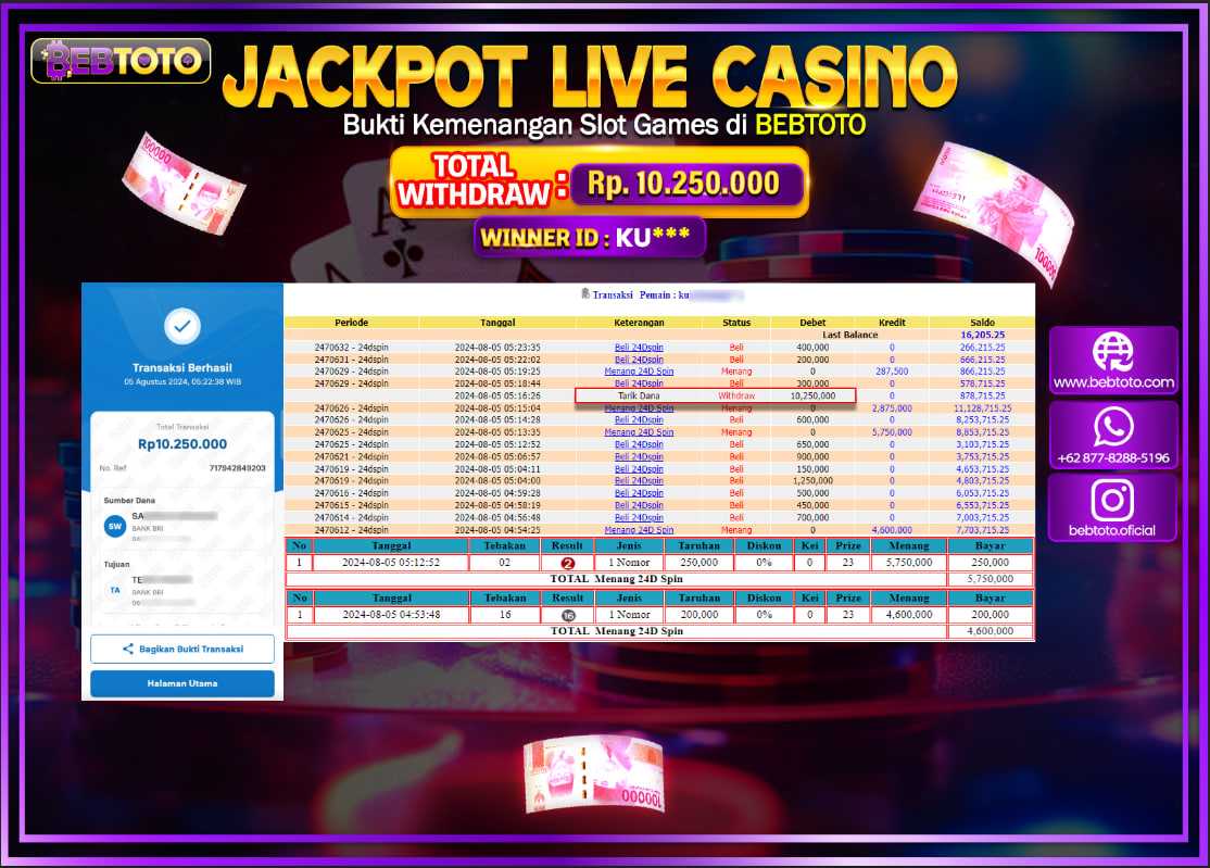 JACKPOT LIVE CASINO BEBTOTO 24D SPIN Rp.10.250.000.,- LUNAS
