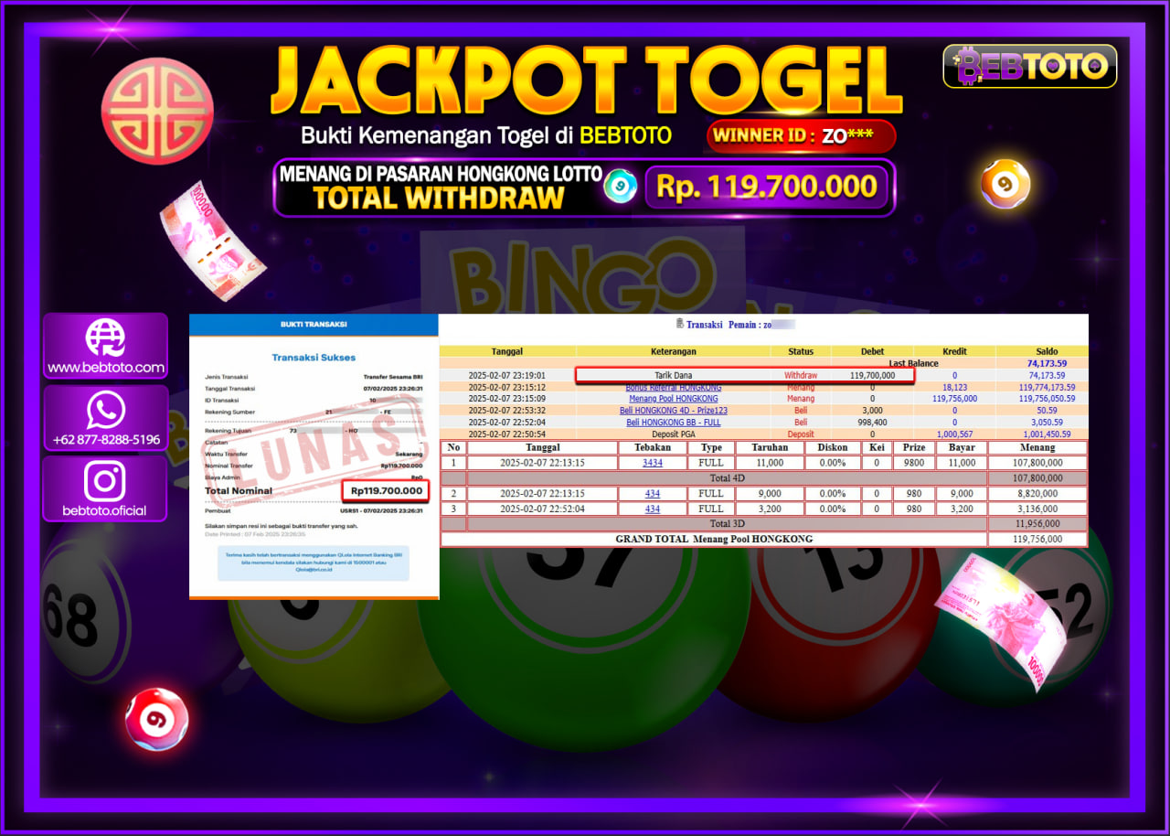 JACKPOT TOGEL BEBTOTO HONGKONG LOTTO Rp.119.700.000.,- LUNAS