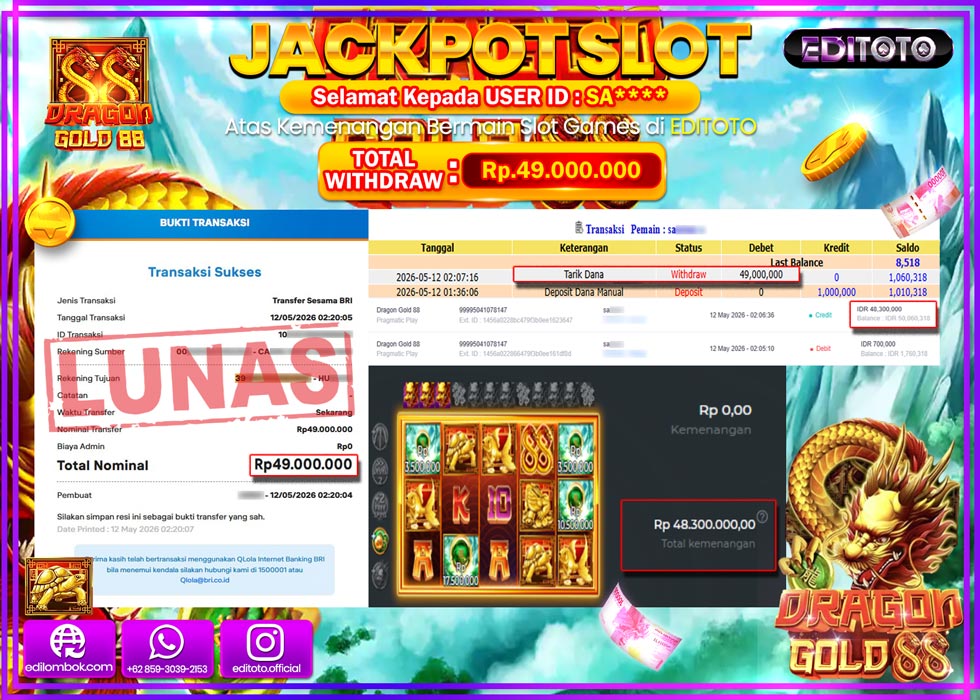 JACKPOT EDITOTO SLOT DRAGON GOLD 88  Rp.41.393.000,- LUNAS