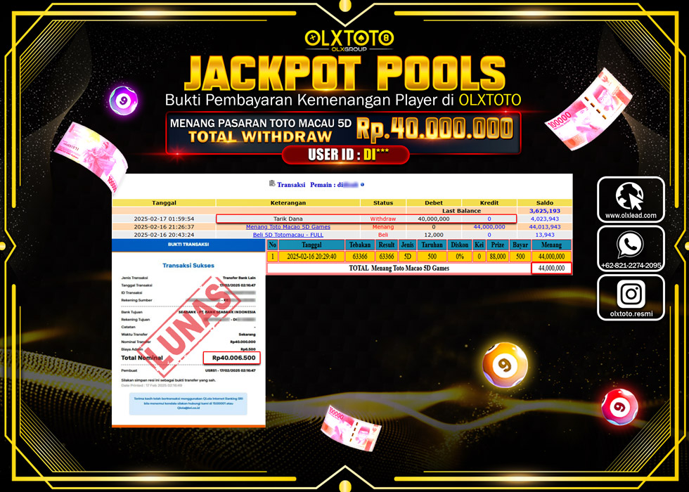 OLXTOTO JACKPOT  TOGEL POOL TOTO MACAU 5D  Rp.40.000.000.,- LUNAS