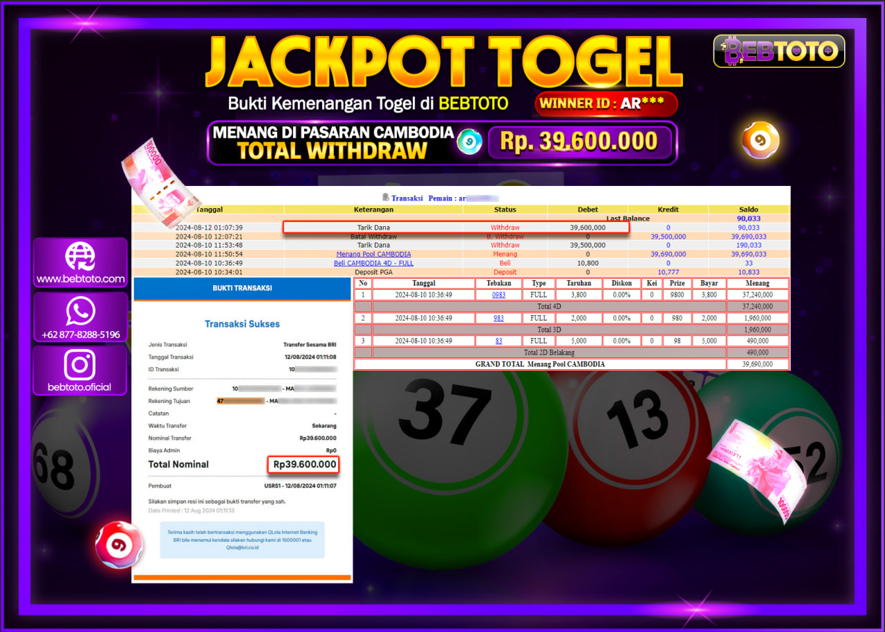 JACKPOT TOGEL BEBTOTO CAMBODIA POOLS Rp.39.600.000.,- LUNAS
