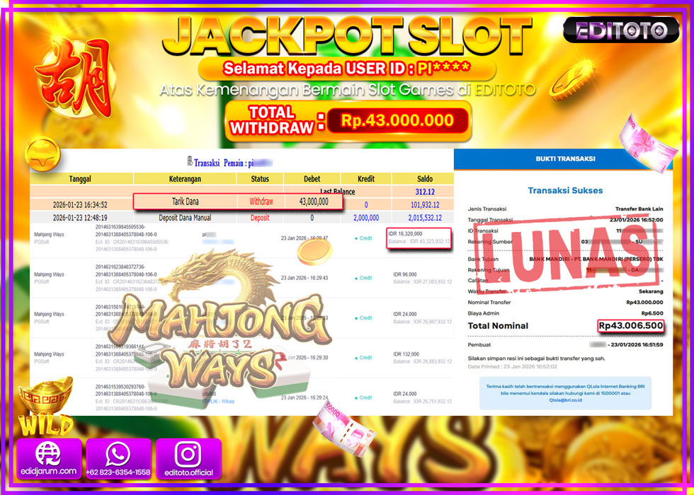 JACKPOT EDITOTO SLOT MAHJONG WAYS Rp.43.000.000,- LUNAS