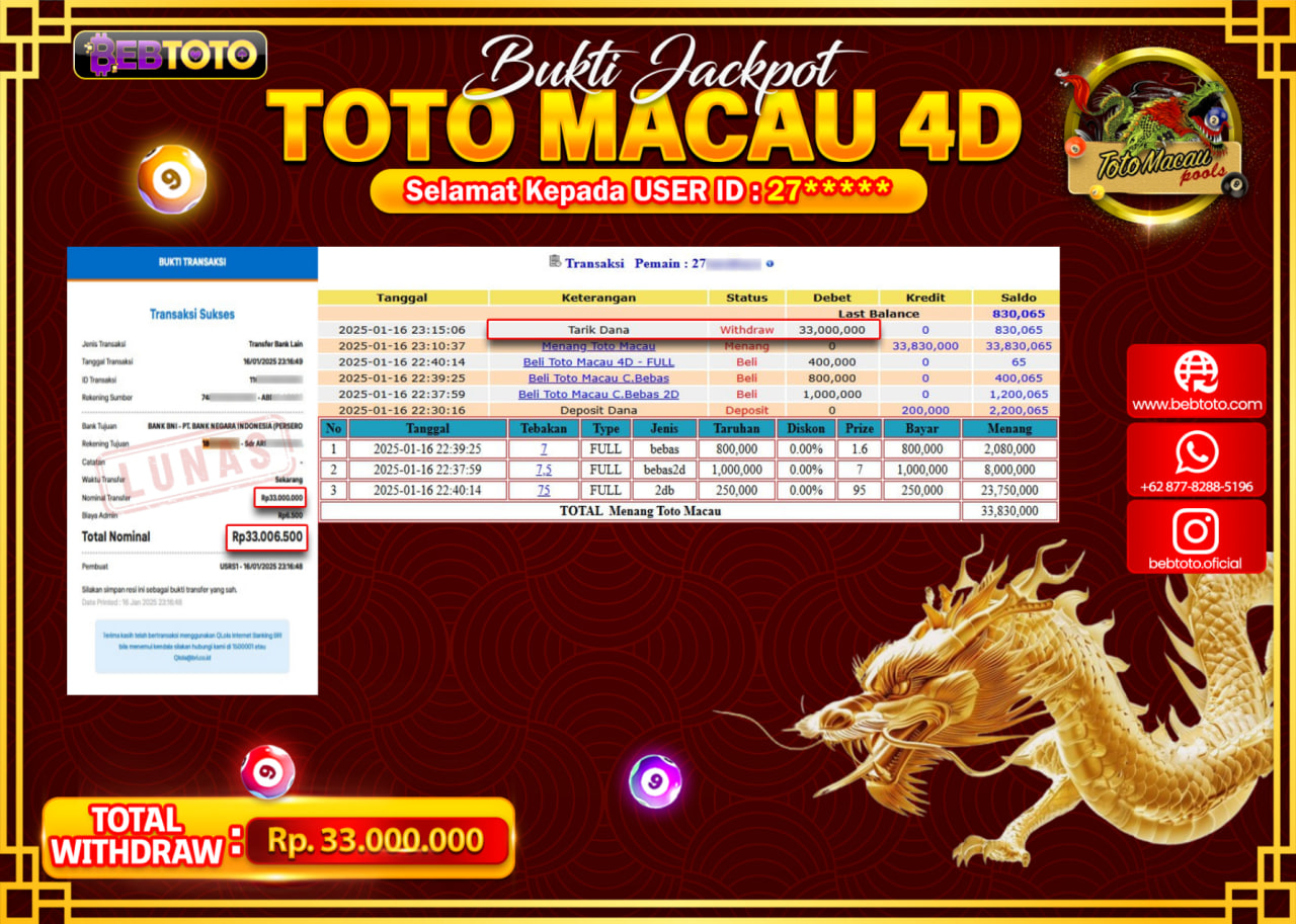 JACKPOT LIVE CASINO BEBTOTO TOTO MACAU 4D Rp.33,000,000.,- LUNAS