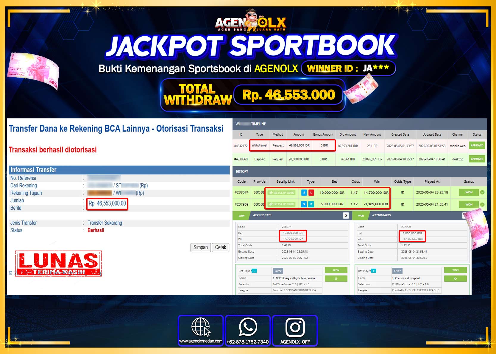 AGENOLX JACKPOT SPORTBOOK Rp 46.553.000,- LUNAS