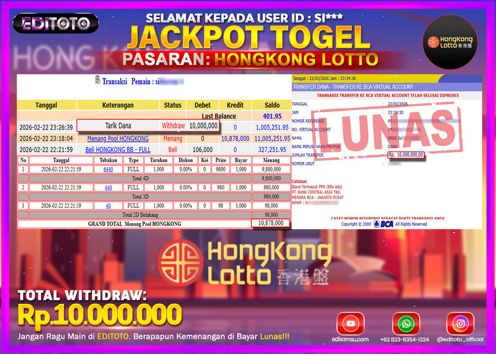 JACKPOT EDITOTO TOGEL PASARAN HONGKONG LOTTO Rp.10.000.000.,- LUNAS