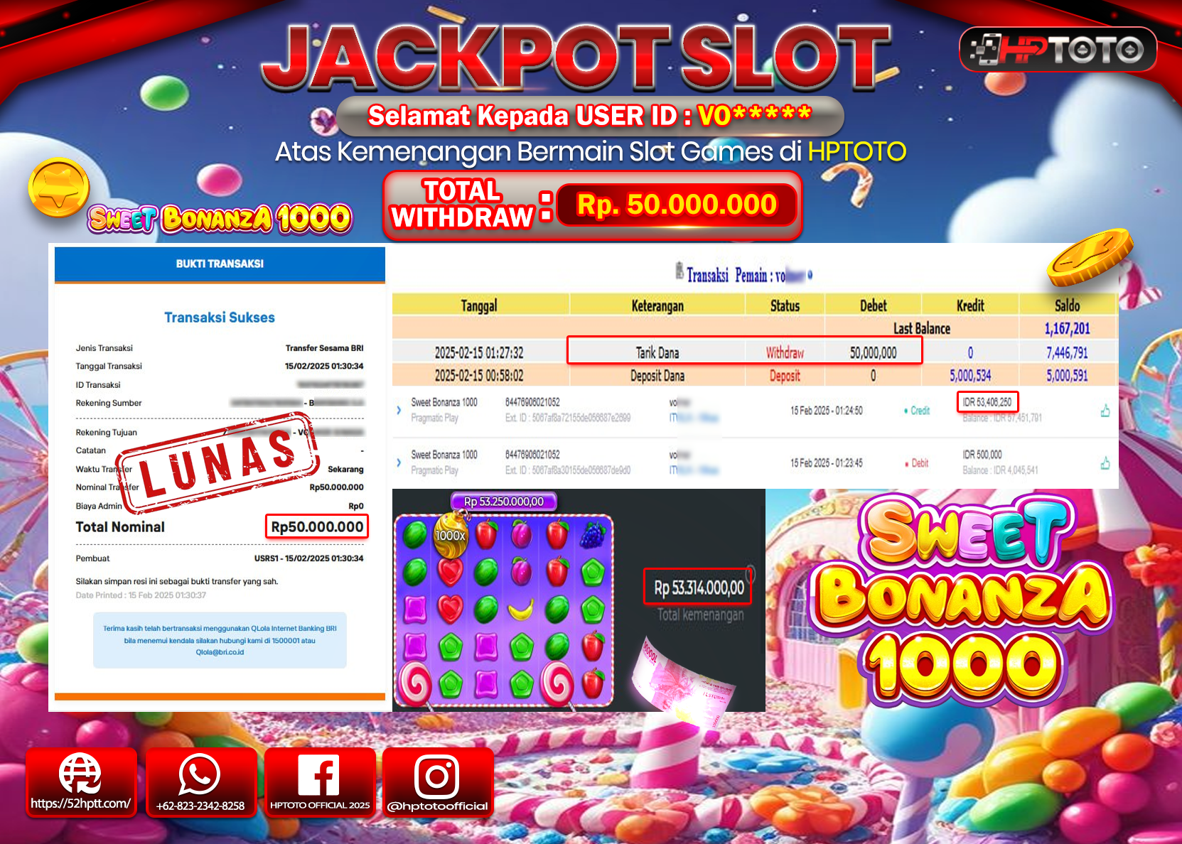 HPTOTO JACKPOT SLOT SWEET BONANZA 1000 Rp.50.000.000,- LUNAS