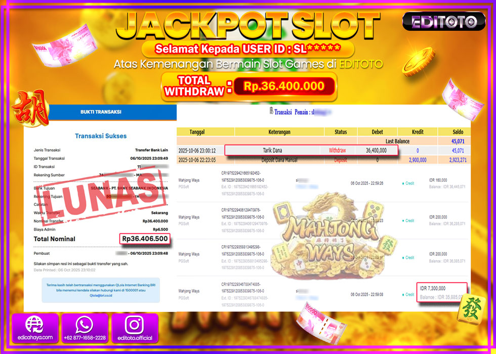 JACKPOT EDITOTO SLOT MAHJONG WAYS Rp.36.400.000,- LUNAS 